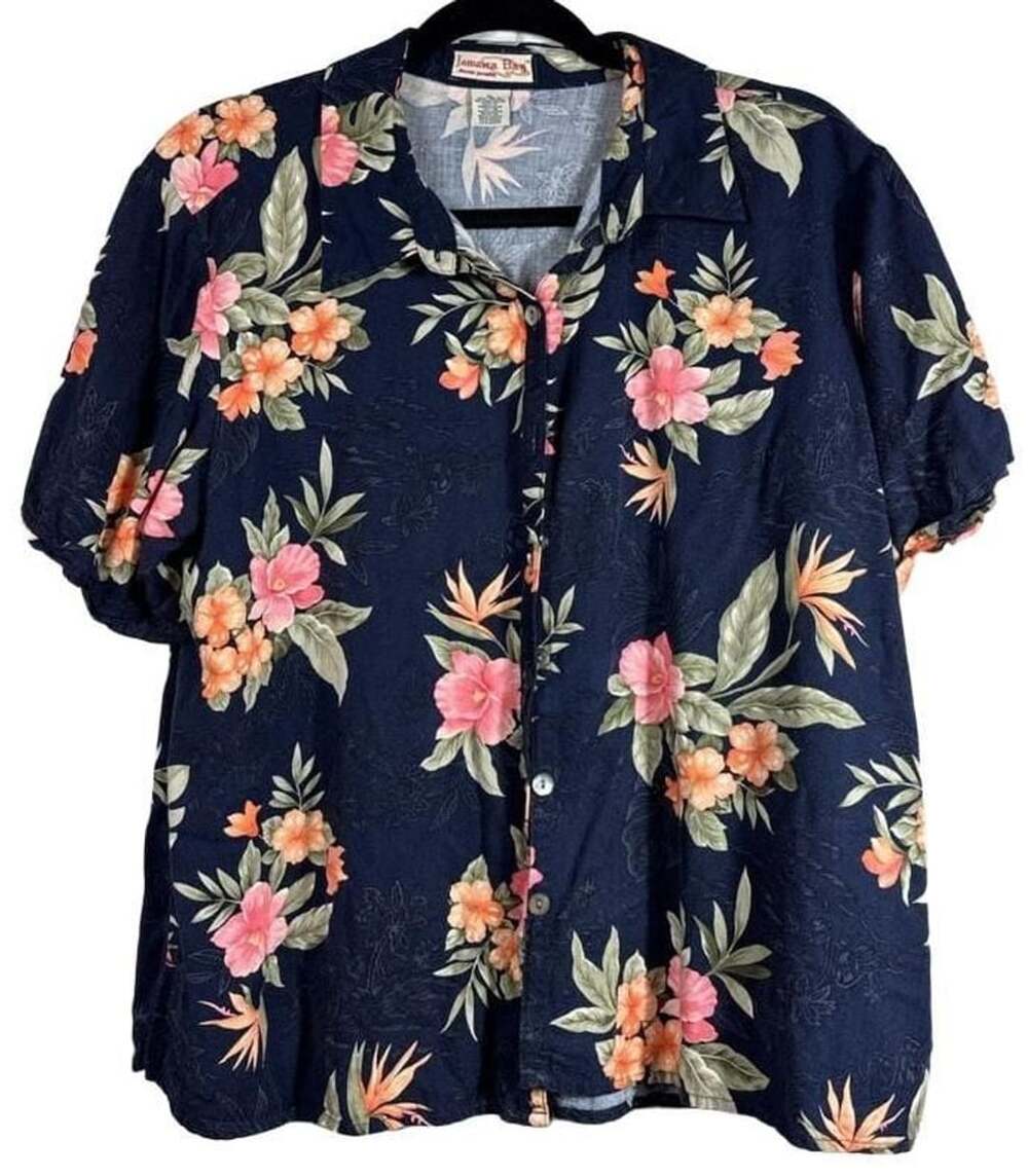 Jamaica Bay Button Down Shirt Size XL Navy Floral Rayon Tropical Aloha
